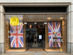 Window of a closed fashion store, Boden, Chelsea. The store is closed due to the covid 19 health emergency. Retail space in London