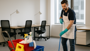 man cleaning office