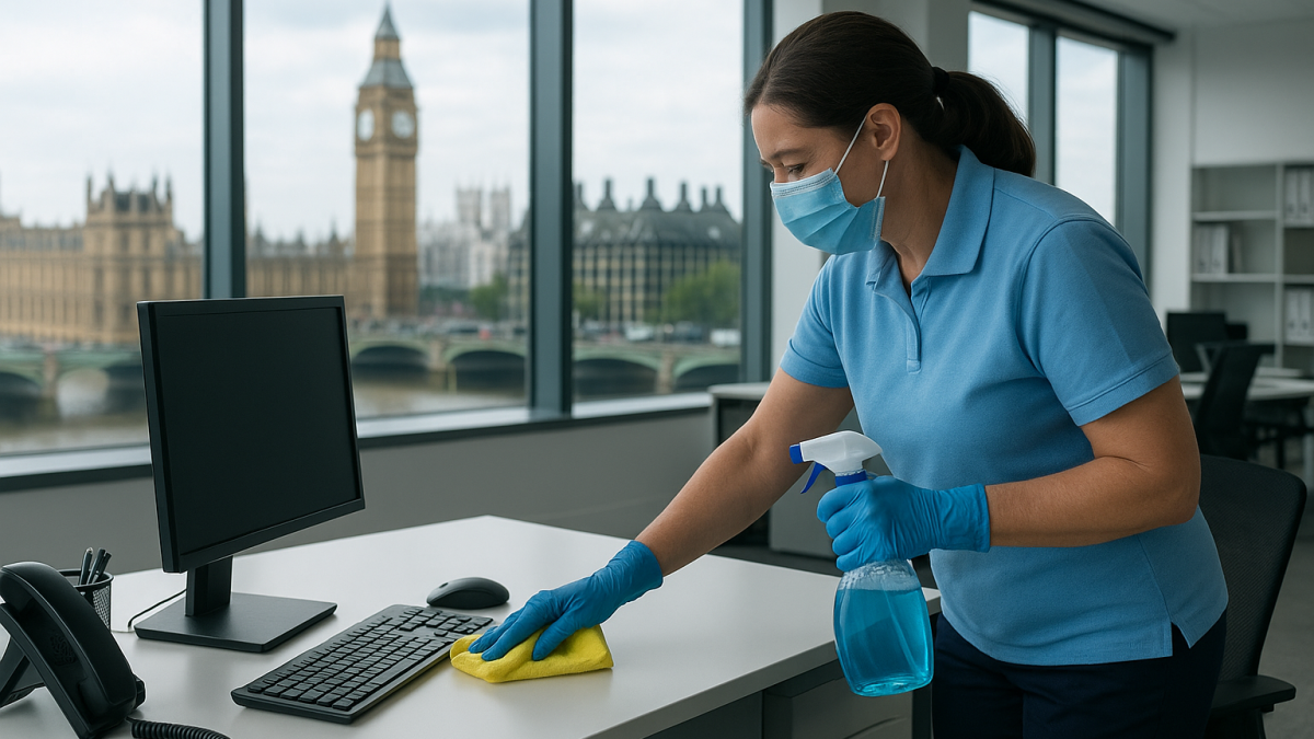 Professional office cleaning in a modern London office. Cleaners in uniforms are using equipment to clean desks, chairs, and computer areas. Large windows show a cityscape view, and the office is bright with natural light.