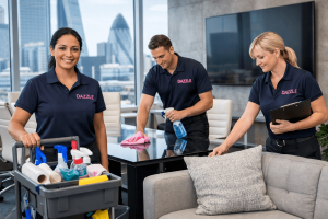 Professional cleaners cleaning office in modern London workspace