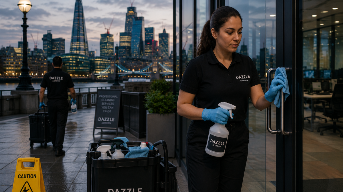 Commercial cleaning London team cleaning modern office windows near Tower Bridge during evening office cleaning service.