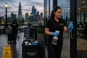 Commercial cleaning London team cleaning modern office windows near Tower Bridge during evening office cleaning service.