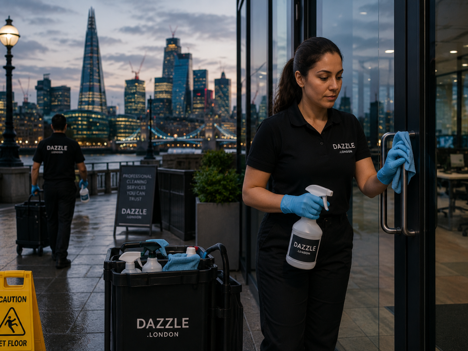 Commercial cleaning London team cleaning modern office windows near Tower Bridge during evening office cleaning service.