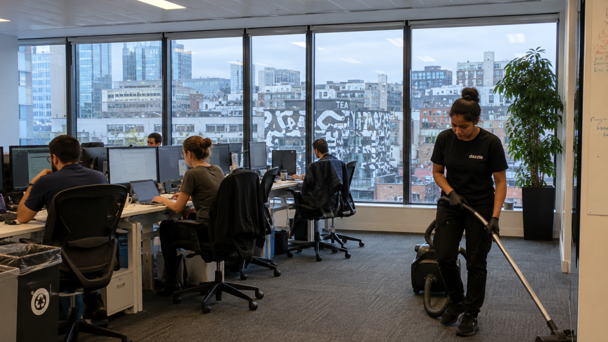 A cleaner vacuums the carpet in a modern open-plan office while several employees work at desks beside large floor-to-ceiling windows overlooking a city skyline.
