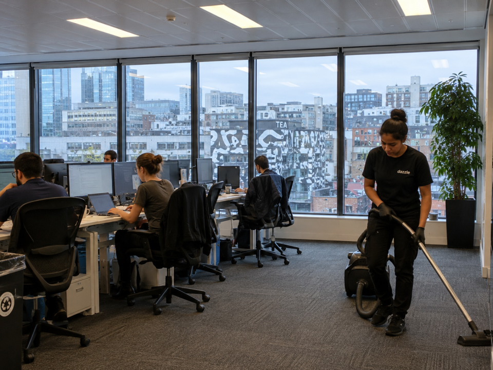 A cleaner vacuums the carpet in a modern open-plan office while several employees work at desks beside large floor-to-ceiling windows overlooking a city skyline.