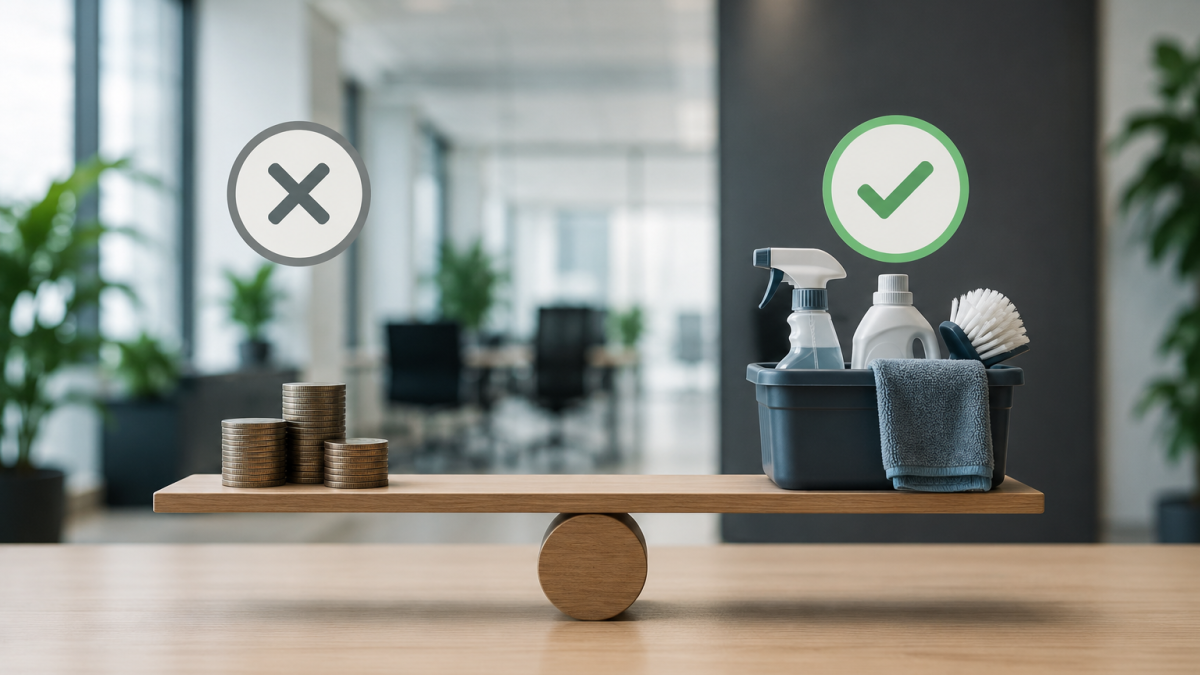 Commercial cleaning companies London concept showing a balance between low cost and professional cleaning value. Stacks of coins marked with an "X" are contrasted with quality cleaning supplies marked with a green check in a modern office setting, illustrating that the cheapest option is not always the best value.