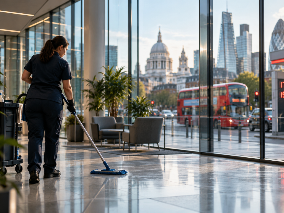 Commercial cleaner working in a London office as rising fuel prices increase business costs